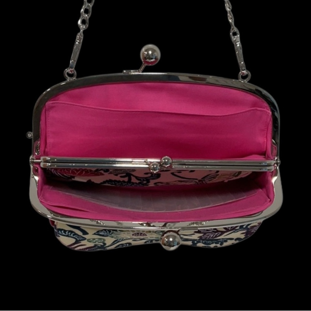 NEW Arabesque Floral Print Fabric Double Kiss Lock Handbag Bright Pink Lining - Picture 5 of 10